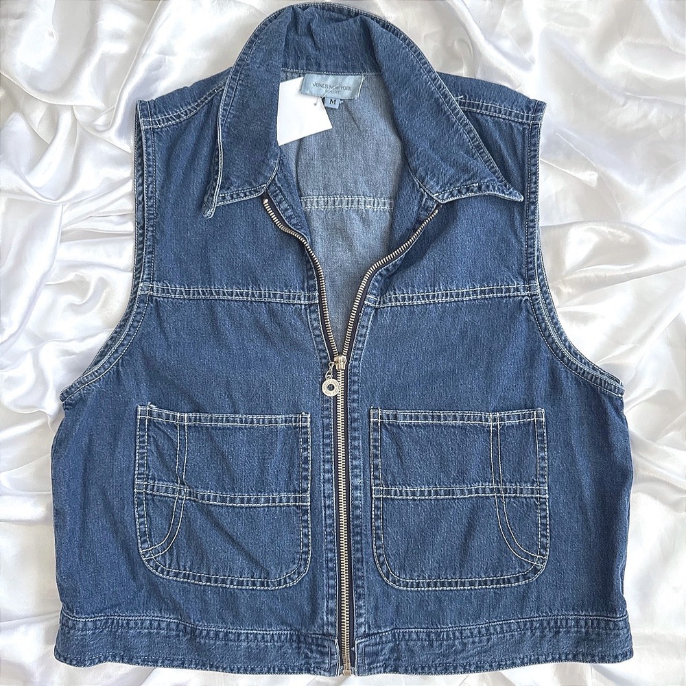 Jones New York Sport Denim Vest Medium Wash Zip Front Utility Pockets Size M